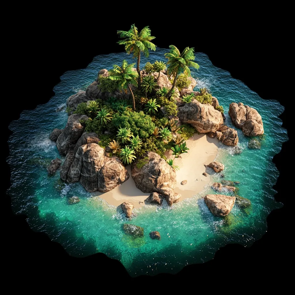 An idyllic tropical island, viewed from above, is nestled in turquoise waters.  Lush green vegetation, including several palm trees, covers the rocky terrain. A small, sandy beach curves around a portion of the island.  Dark rocks surround the shoreline, contrasting with the bright sand and clear ocean. The scene is isolated against a black background, enhancing its secluded beauty.