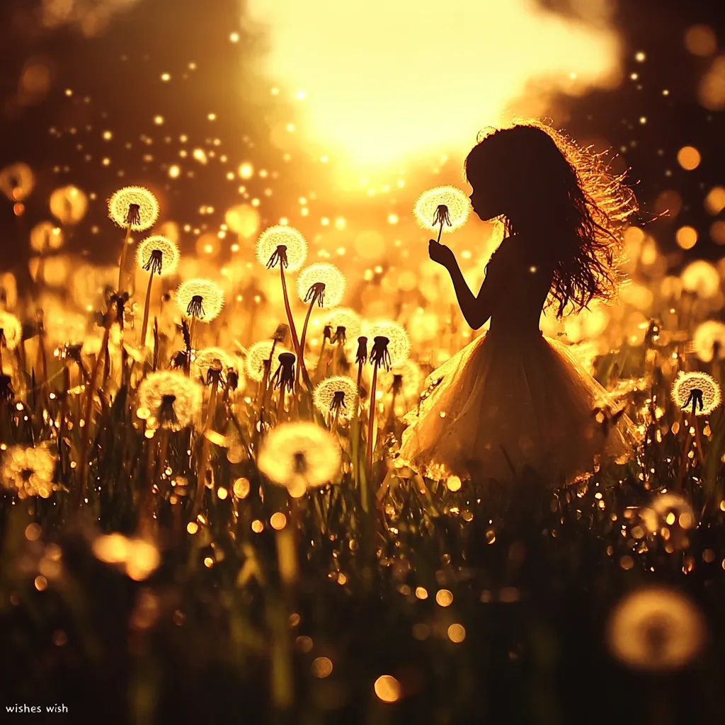 A silhouetted girl in a flowing dress stands in a field of glowing dandelions at sunset.  She holds a dandelion, its seeds illuminated, creating a magical, ethereal atmosphere.  The warm light and bokeh effect enhance the dreamlike quality of the scene, suggesting wishes being made or dreams taking flight.  The image evokes feelings of childhood wonder and innocence.
