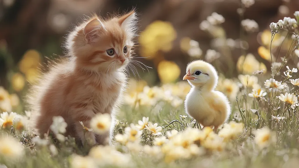 A fluffy ginger kitten and a tiny yellow chick sit amidst a field of blooming daisies.  The kitten looks intently at the chick, creating a charming scene of unlikely friendship in a sun-drenched meadow.  The soft light and delicate flowers enhance the image's peaceful and heartwarming quality.