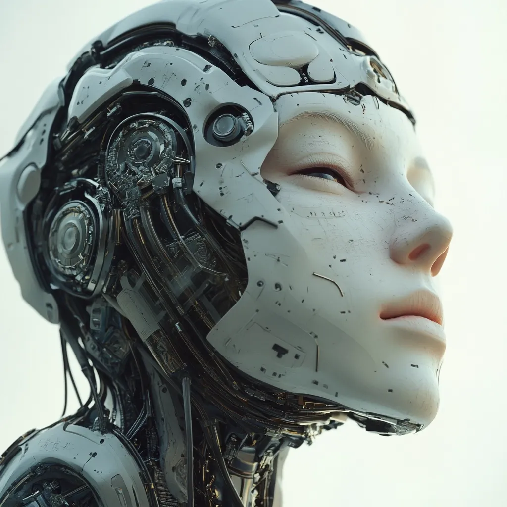 A close-up shot reveals a cyborg's head and neck, showcasing intricate mechanical details interwoven with a strikingly realistic female face.  The white, slightly weathered skin contrasts with the dark, exposed wiring and metallic components of the robotic structure. The cyborg's serene expression and the detailed craftsmanship create a captivating blend of human and machine.  The image is sharply focused, highlighting the textures and fine details of both organic and mechanical elements.