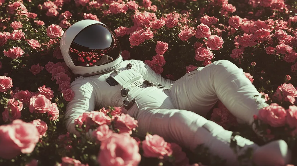 An astronaut in a pristine white spacesuit lies peacefully amidst a vibrant field of pink roses.  The contrast between the sterile suit and the delicate blossoms creates a surreal and dreamlike scene. Sunlight bathes the scene, highlighting the soft petals and the reflective visor of the helmet. The image evokes a sense of tranquility and unexpected juxtaposition.
