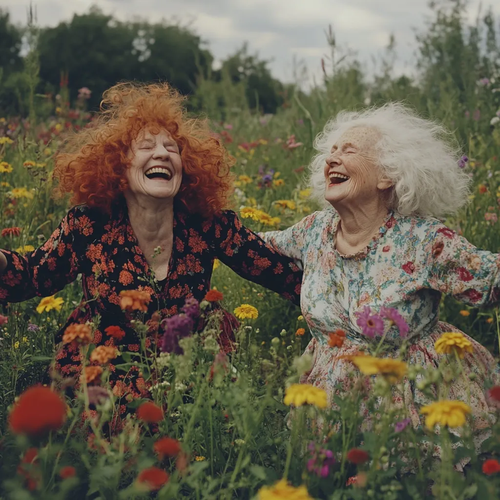Two elderly women with vibrant red and white hair joyfully laugh amidst a field of wildflowers.  They are dressed in floral print dresses, their arms around each other, expressing genuine happiness and connection in the beautiful natural setting.  The image captures a moment of carefree joy and friendship in a colorful meadow.