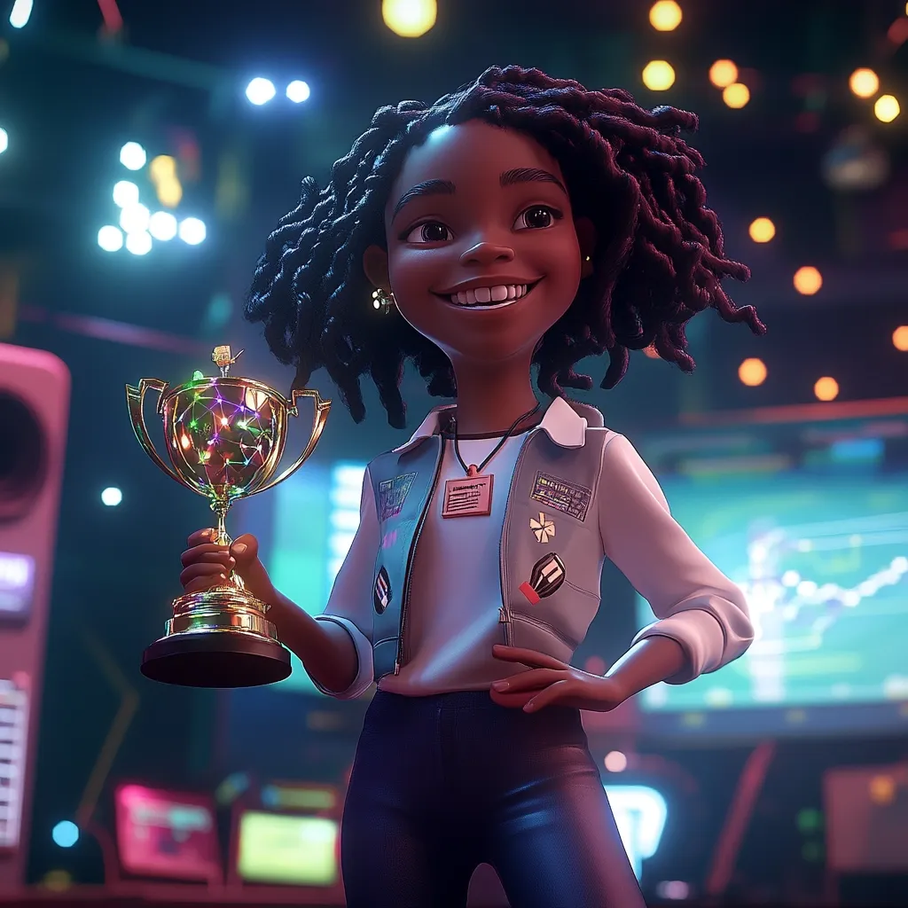 A joyful, 3D-rendered Black girl with locs proudly holds a glittering gold trophy.  She's dressed in a stylish light grey jacket adorned with patches, dark pants, and a necklace.  The background suggests a vibrant, technologically advanced setting, possibly a gaming arena or control room, filled with glowing lights and screens displaying data.  Her confident pose and radiant smile celebrate a significant achievement.