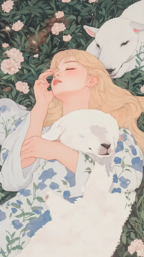 A young woman with blonde hair sleeps peacefully amidst a garden of blooming flowers.  She cradles a small lamb, while a larger sheep rests gently behind her.  The scene is serene and idyllic, rendered in soft, pastel colors with a delicate, illustrative style.  The woman's flowing floral dress complements the natural setting.