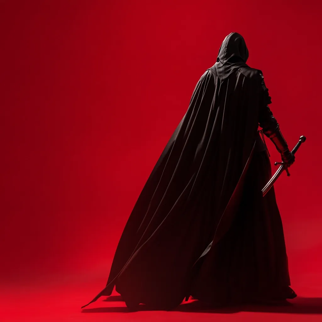 A figure cloaked in black, their face obscured by a deep hood, stands against a vibrant red backdrop.  The long cape billows slightly, adding to the dramatic effect. A sword is held at their side, adding to the mysterious and potentially ominous aura of the image.  The contrast between the dark clothing and the bright red background accentuates the figure's silhouette.