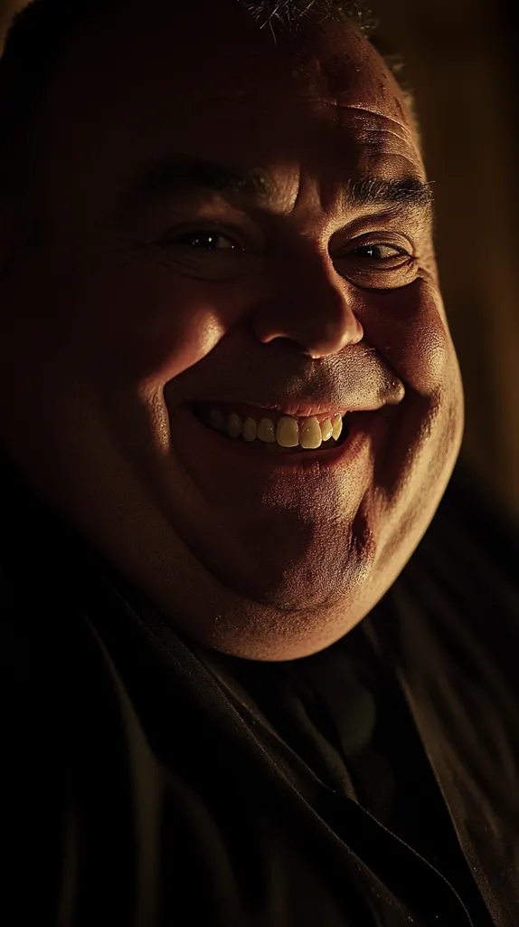 Close-up of a jovial, overweight man's face.  His broad smile reveals his teeth, and the warm light illuminates his features, creating deep shadows.  He appears friendly and approachable, his expression conveying genuine happiness. The dark background emphasizes the light on his face.  He is wearing dark clothing.