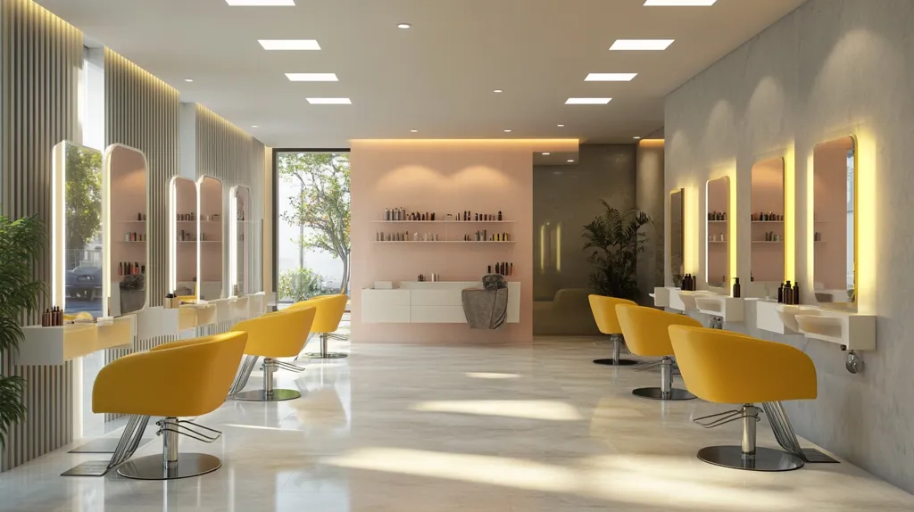 A modern hair salon interior features sleek, minimalist design.  Multiple styling stations are equipped with yellow chairs and large illuminated mirrors.  A pale pink wall displays product shelves, creating a calming atmosphere.  Natural light streams in from large windows, enhancing the bright and airy feel of the space.  The overall aesthetic is clean, sophisticated, and inviting.