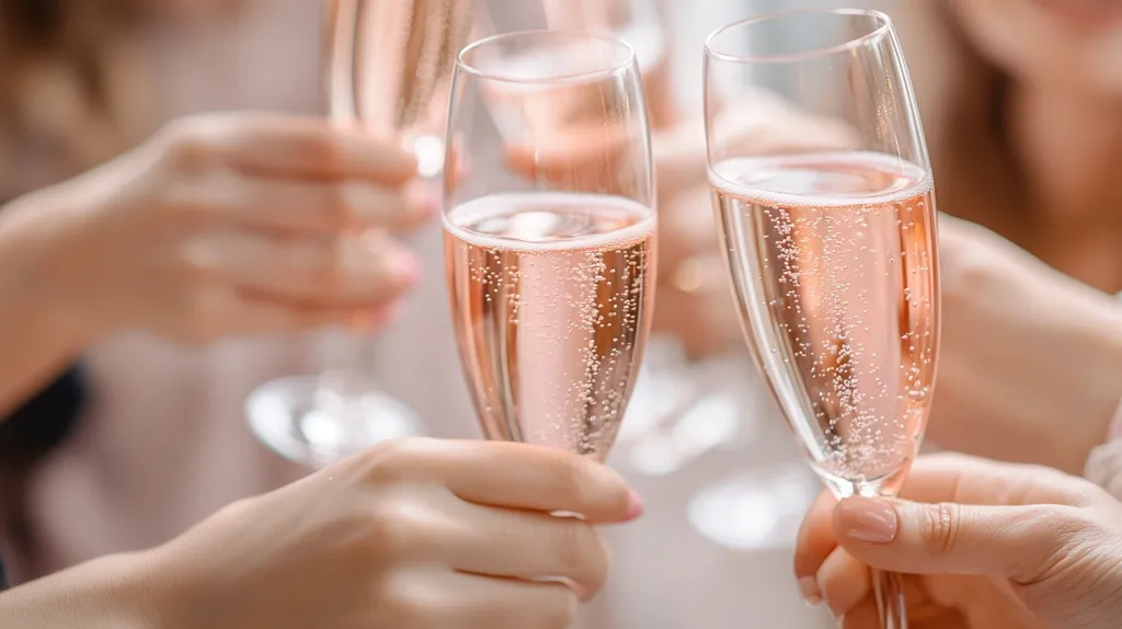 Close-up view of several hands holding champagne flutes filled with rosé sparkling wine.  The image focuses on the bubbly liquid and the delicate grasp of the glasses, suggesting a celebratory occasion or toast. Soft lighting and a blurred background emphasize the elegant simplicity of the scene.