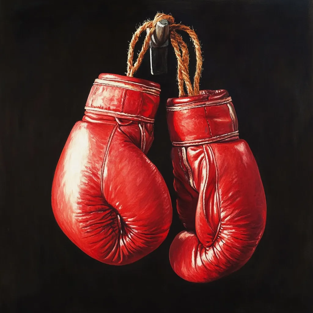 A close-up painting depicts a pair of worn red boxing gloves hanging from a hook by a rope.  The gloves are richly detailed, showing creases and texture of the aged leather. The dark background emphasizes the vibrant red of the gloves, creating a stark contrast and a sense of stillness.  The overall impression is one of quiet intensity and possibly reflection.