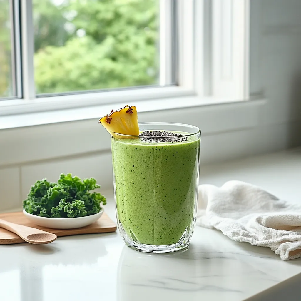 A refreshing green smoothie sits on a marble countertop near a window.  The vibrant green smoothie is garnished with a pineapple wedge and chia seeds. A small bowl of kale and wooden spoons are nearby, suggesting the smoothie's healthy ingredients.  Natural light streams in from the window, highlighting the drink's appealing color and texture. The scene is bright, clean, and evokes a feeling of healthy living.