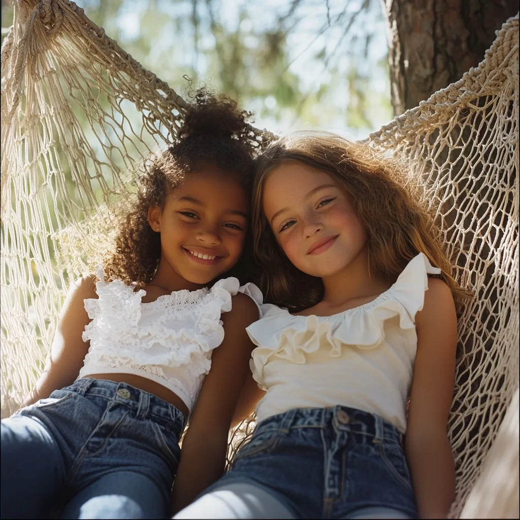 Two young girls, one Black and one white, are nestled together in a hammock.  They wear matching white ruffled tops and denim shorts.  The hammock is made of a loose, beige net.  Sunlight filters through the trees behind them, creating a warm, summery atmosphere.  They appear happy and relaxed, enjoying a carefree moment together.