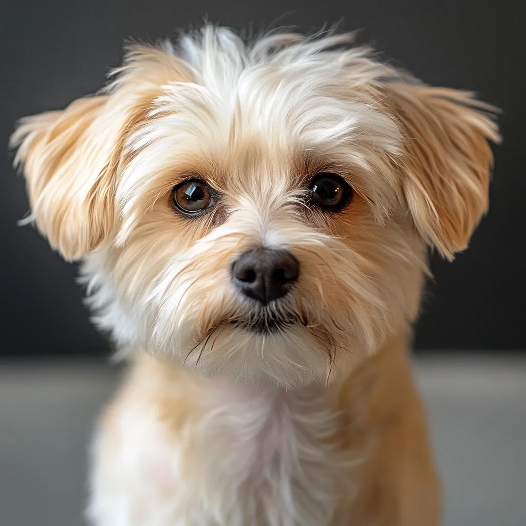 A fluffy, light tan and white puppy stares intently at the camera.  Its fur is long and slightly unkempt, framing large, dark eyes. The dog's expression is one of gentle curiosity, its small, dark nose prominent in the center of its face. The background is a blurred dark gray, focusing attention on the adorable canine subject.