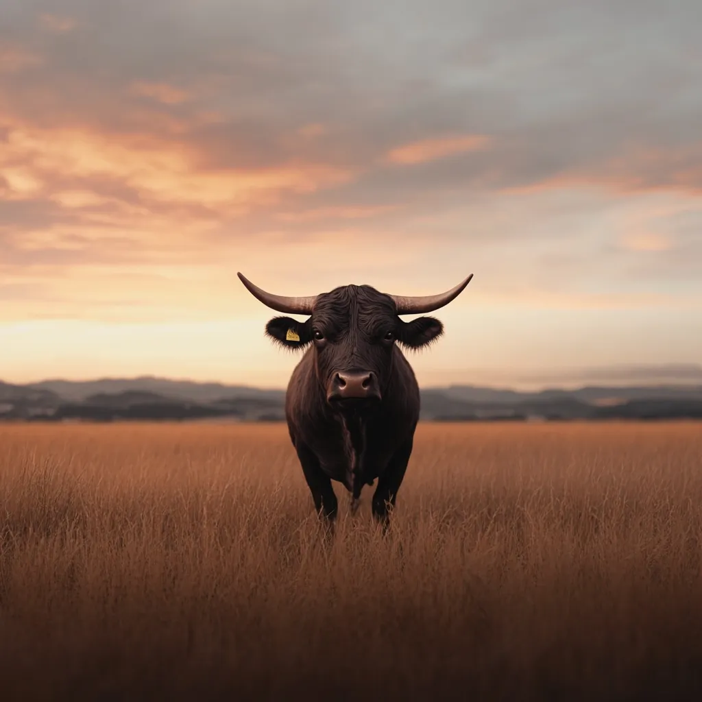 A large, dark-colored bull stands in a field of tall, dry grass at sunset.  Its horns are prominent against the warm-toned sky.  The bull stares directly at the camera, creating a dramatic and powerful image.  The background features a softly rolling landscape under a cloudy, yet colorful, evening sky.