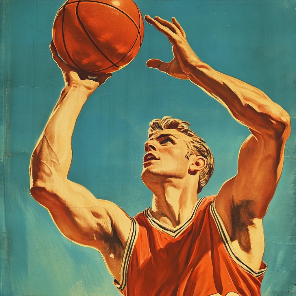 A stylized painting depicts a muscular, blond male basketball player in a red jersey, poised to shoot.  His arms are raised high, cradling an orange basketball.  The background is a vibrant teal, creating a strong contrast with the player and the ball. The image is reminiscent of vintage sports posters, emphasizing athleticism and strength.