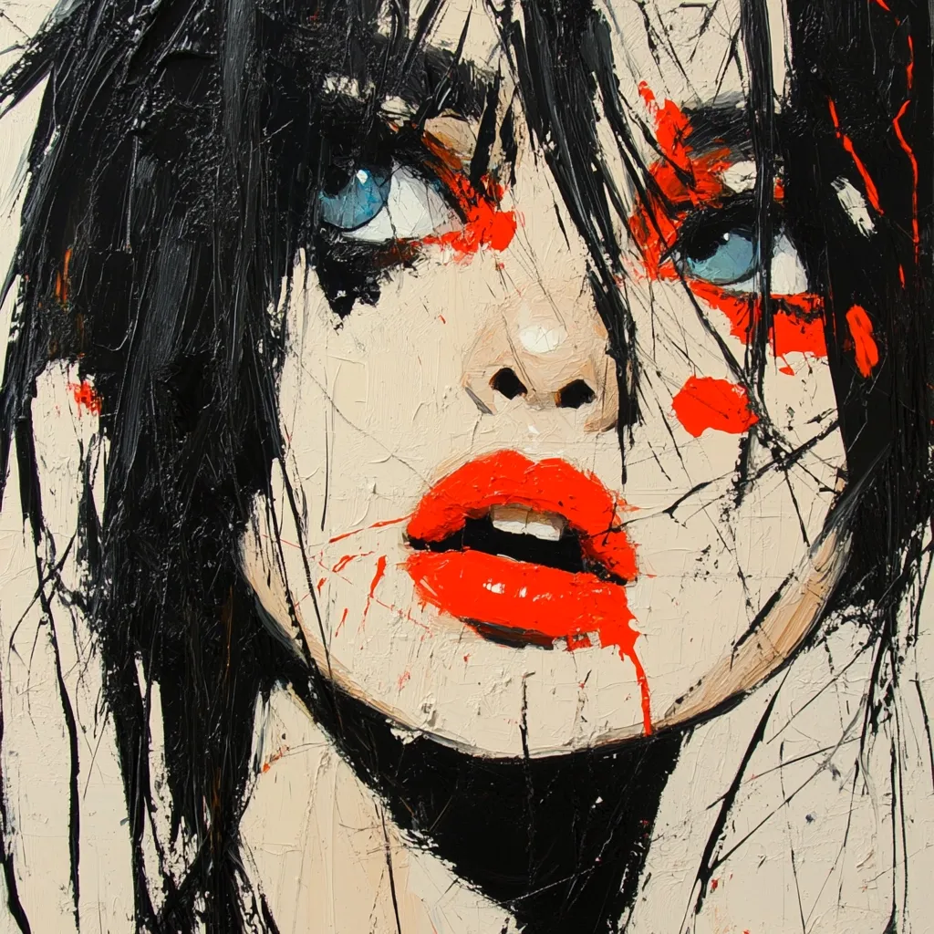 A vibrant, expressionistic portrait of a woman with dark hair.  Bold strokes of black and red paint dominate the canvas, creating a sense of movement and emotion.  Her bright blue eyes contrast with the fiery red lips and splatters of paint across her face, suggesting vulnerability and intensity. The impasto technique adds texture and depth to the piece, enhancing its dramatic effect.