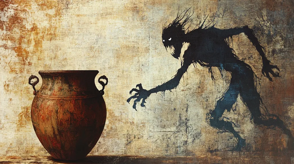A dark, shadowy figure, resembling a gaunt monster with clawed hands, lunges towards a large, aged, rusty-brown urn. The urn sits on a textured, earthy background, suggesting an ancient setting. The contrast between the ominous creature and the still, aged pot creates a sense of impending dread or a looming threat. The style is reminiscent of dark fantasy or gothic art.