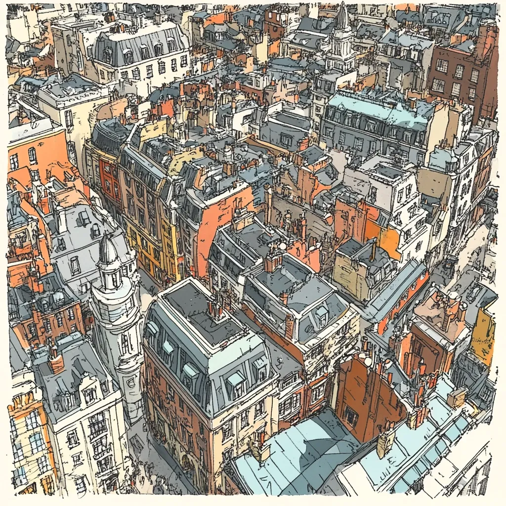 A bird's-eye view illustration depicts a dense collection of London buildings.  The style is reminiscent of a detailed sketch, showcasing a variety of architectural styles and rooflines in warm, earthy tones.  Narrow streets wind between the structures, creating a complex and captivating urban landscape.  The overall impression is one of historical depth and bustling city life.