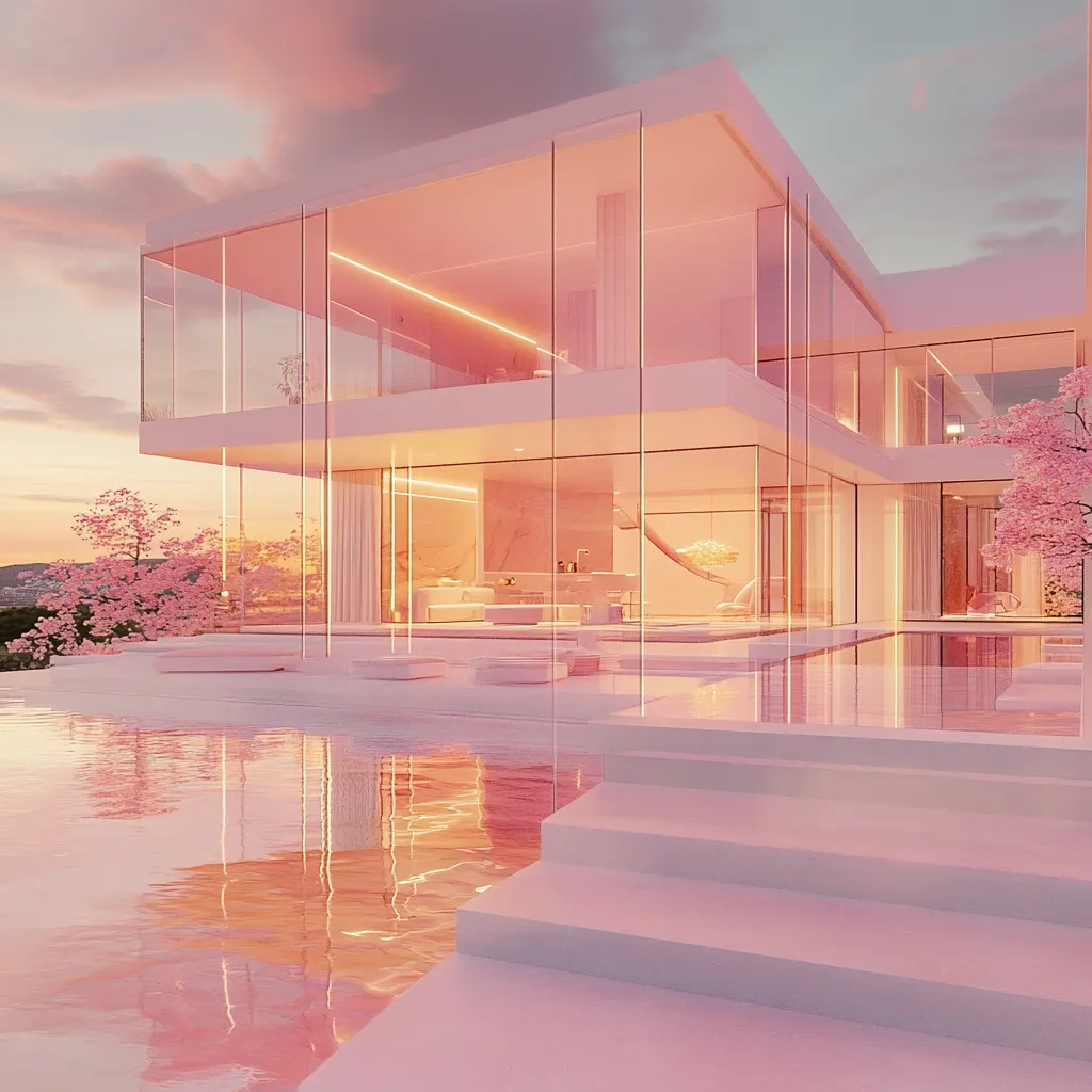 A modern, two-story glass house bathed in soft pink light at sunset.  The home features an infinity pool reflecting the sky, and minimalist, sleek design.  Pink flowering trees flank the property, adding to the serene, dreamy atmosphere.  The interior is visible through the extensive glass walls, showcasing a luxurious and open layout.  The overall aesthetic is one of sophisticated calmness and beauty.