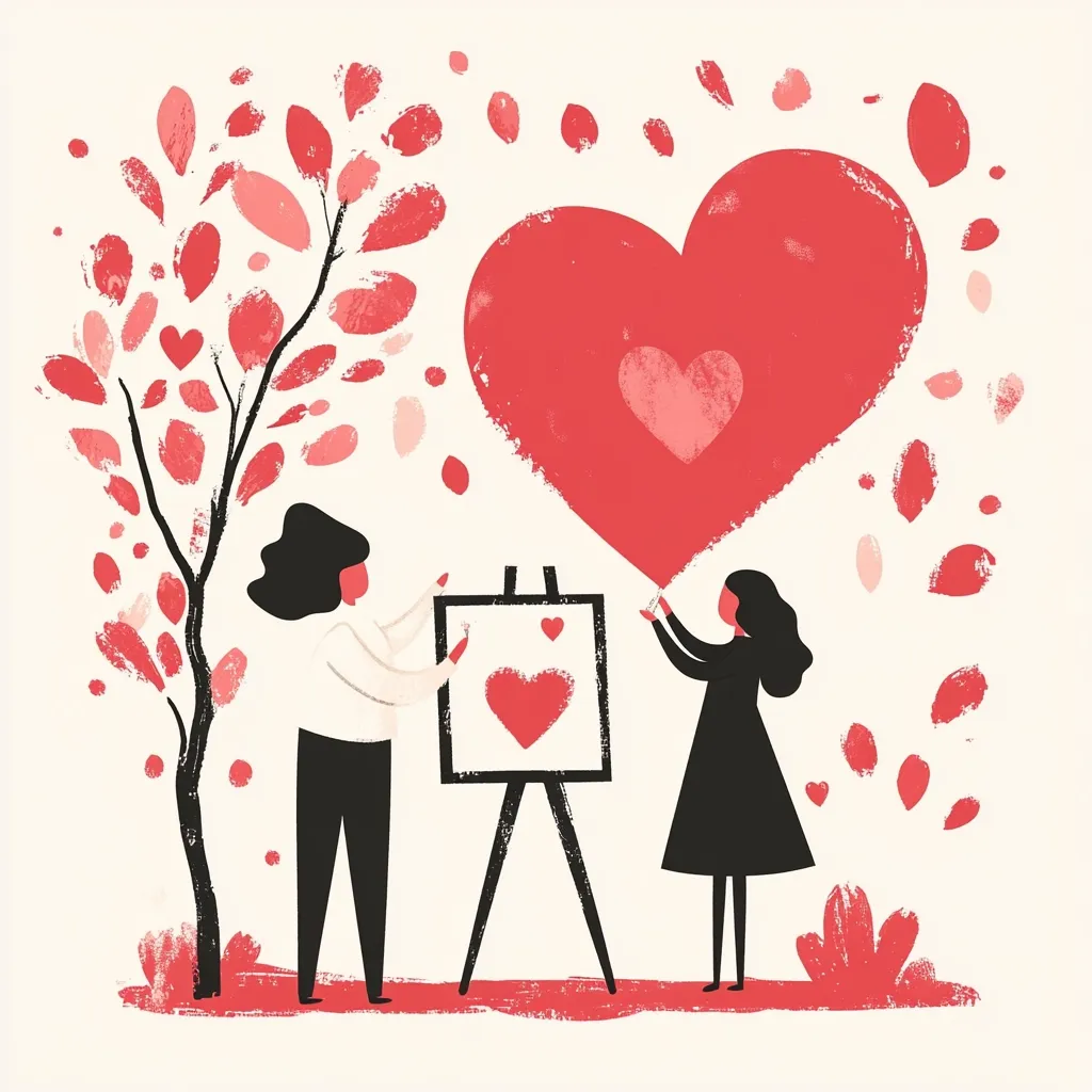 Two stylized figures, one in white and one in black, collaborate on an artistic endeavor.  They paint hearts onto a canvas and a large heart floats between them, amidst a shower of heart-shaped leaves from a nearby tree. The scene is whimsical and evokes feelings of love, collaboration, and creativity. The overall style is textured and slightly abstract.