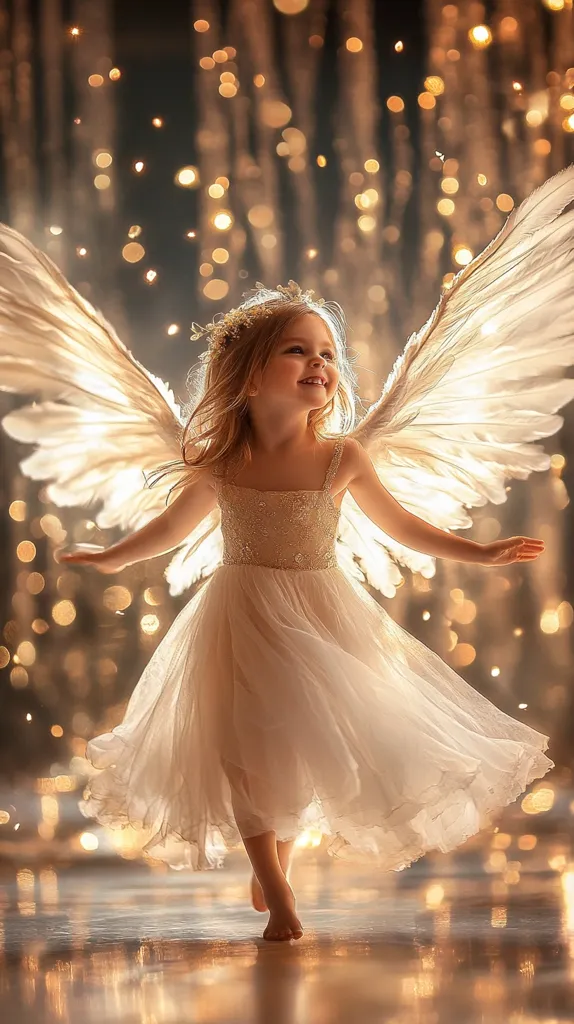 A little girl, dressed in a flowing white dress and adorned with delicate wings, appears as an angel.  She radiates joy, her smile bright against a backdrop of warm, golden bokeh lights. The image evokes a sense of wonder and magic, capturing a fleeting moment of childhood innocence and ethereal beauty.  Her bare feet barely touch the reflective surface below.