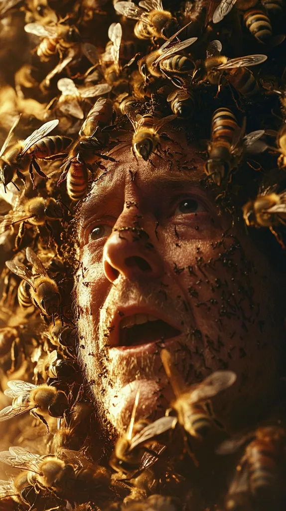 A close-up shot depicts a man's face completely covered in bees.  His expression is one of shock or fear, his mouth open slightly. The bees densely cover his face, hair, and neck, creating a disturbing yet striking image. The warm, golden lighting enhances the overall texture and intensity of the scene. The image suggests a theme of nature's power and the potential for both beauty and danger.