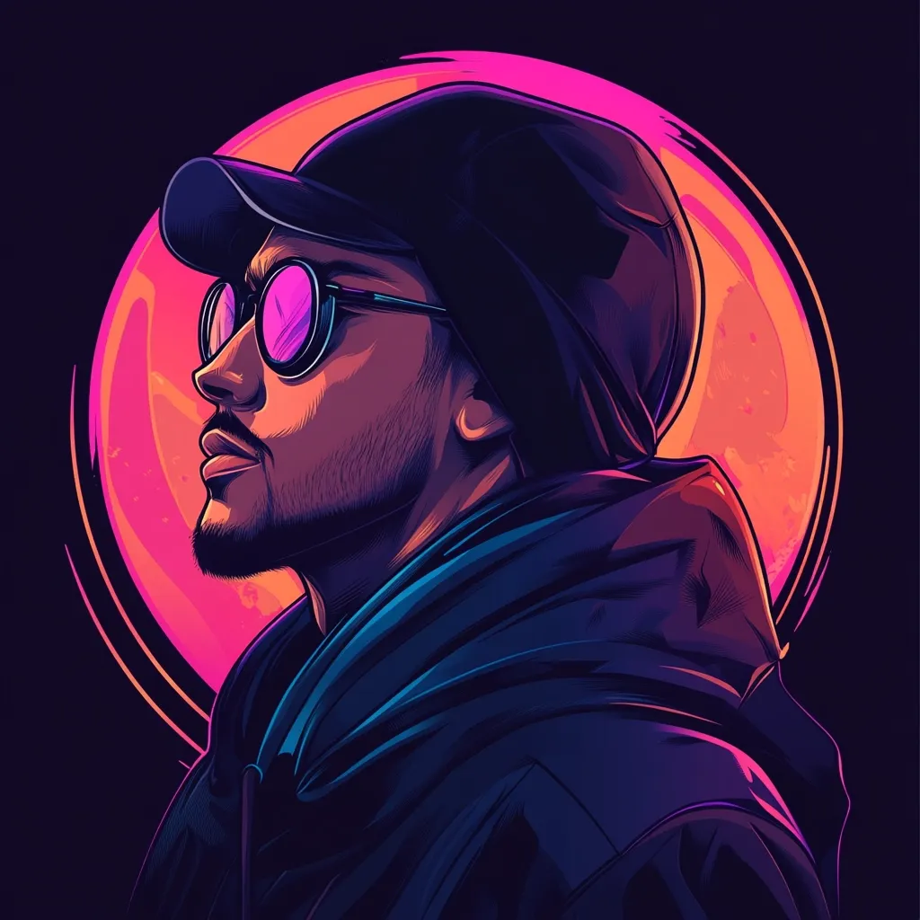 A stylized portrait of a man, possibly a rapper, is depicted against a vibrant, sunset-colored circular backdrop. He sports a dark-colored baseball cap, round sunglasses with pink lenses, and a hooded jacket.  The image uses bold colors and sharp lines, characteristic of modern digital art, creating a dynamic and visually striking effect.  His gaze is directed upward and to the side, conveying a thoughtful or contemplative mood.