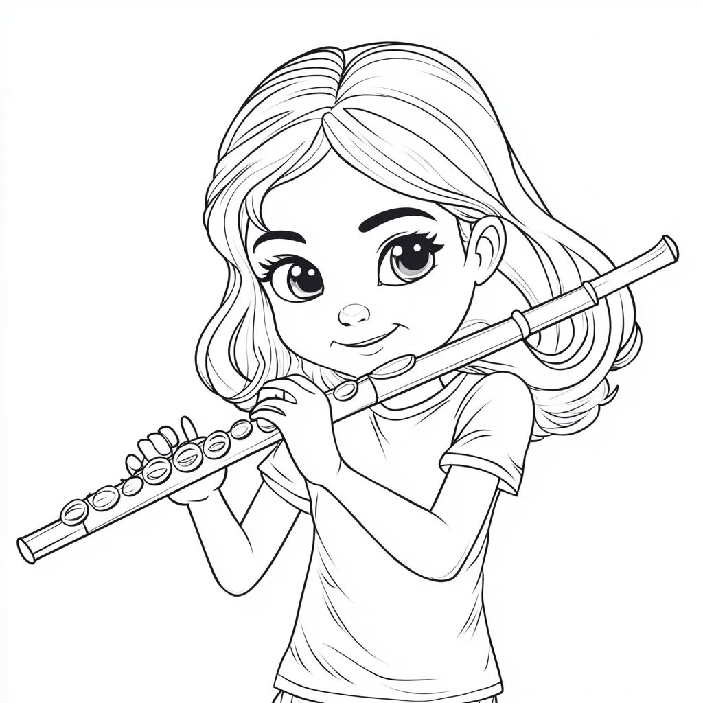 A line drawing of a cute girl with long wavy hair playing a flute.  She's depicted from the chest up, holding the flute to her lips with both hands.  Her expression is pleasant and focused. The style is cartoonish, with large eyes and simplified features, suitable for coloring pages or illustrations for children's books.