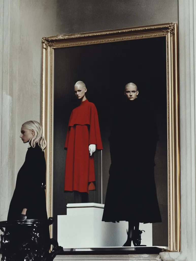 A blonde woman in a black coat stands beside a large ornate gold frame.  Inside the frame, a mannequin wears a vibrant red coat, and another mannequin in a long black coat is partially visible. The setting is elegant and reminiscent of an art gallery or museum, creating a stark contrast between the modern clothing and the classical backdrop. The image has a dark and mysterious mood.