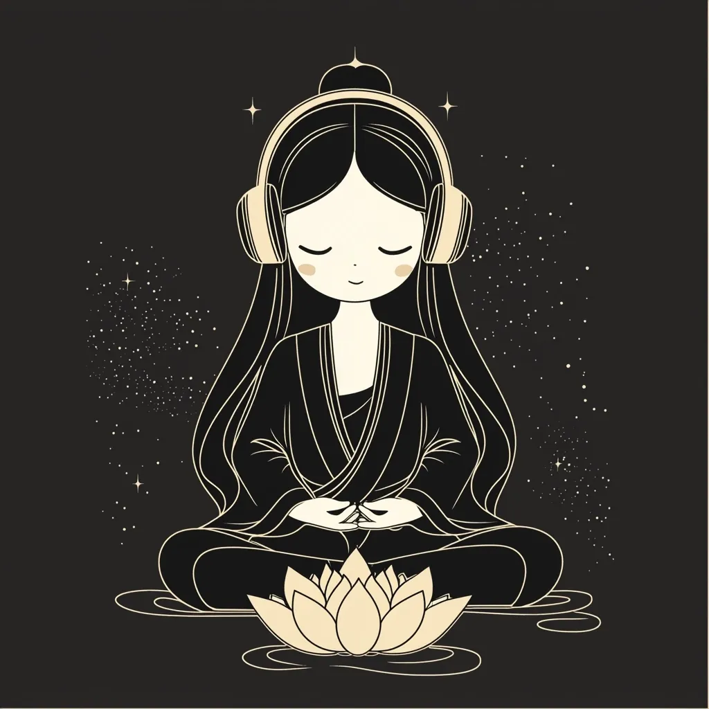 A stylized illustration depicts a serene young woman, headphones on, seated in a lotus position above a water lily.  She is dressed in a long robe, eyes closed in peaceful meditation against a dark background speckled with stars. The overall aesthetic is minimalist and calming, evoking a sense of tranquility and mindfulness.  The color palette is limited, primarily using black and gold.