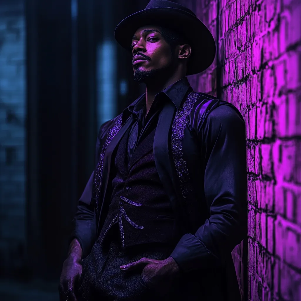 A dark-skinned man in a black fedora and suit leans against a purple-lit brick wall.  His attire is sharp, featuring an intricately detailed vest and long-sleeved shirt.  He gazes intently off-camera, his expression serious and composed. The overall mood is mysterious and stylish, accentuated by the dramatic lighting.