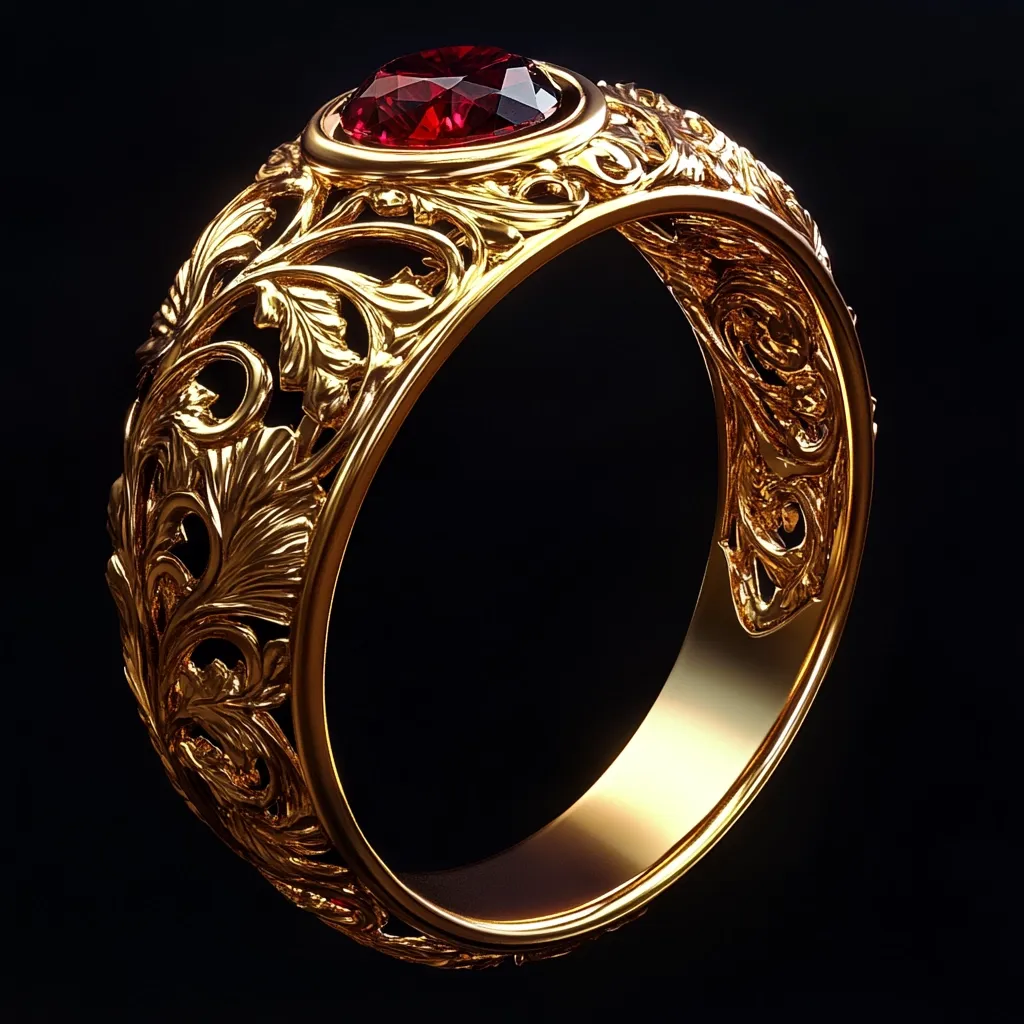 A gold ring, intricately designed with filigree work resembling leaves and swirling patterns, is showcased against a stark black backdrop.  A vibrant red gemstone is prominently featured at the top of the band. The ring's craftsmanship is highlighted by the detailed goldwork and the rich color contrast with the stone. The image emphasizes the ring's luxurious and ornate style.