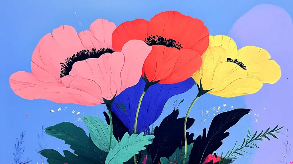 A vibrant painting showcases four stylized poppies in pink, red, and yellow, their bold colors contrasting against a light blue background.  The flowers have dark centers and are rendered with simplified, almost flat forms.  Deep blue stems and contrasting green and black foliage add depth to the composition, creating a cheerful and modern floral piece.  The style is bold and expressive, utilizing paint in a distinct, somewhat graphic manner.
