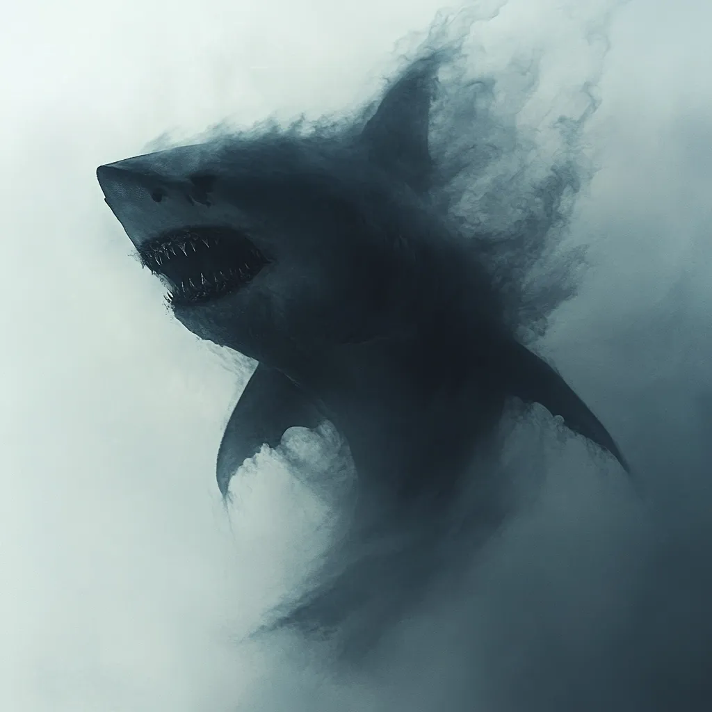 A great white shark emerges from a swirling mist, its shadowy form barely visible.  Its gaping maw is sharply defined, showcasing menacing teeth. The overall image is dark and ominous, creating a sense of mystery and foreboding.  The contrast between the sharp detail of the shark's mouth and the blurry ethereal mist surrounding it enhances the unsettling mood.