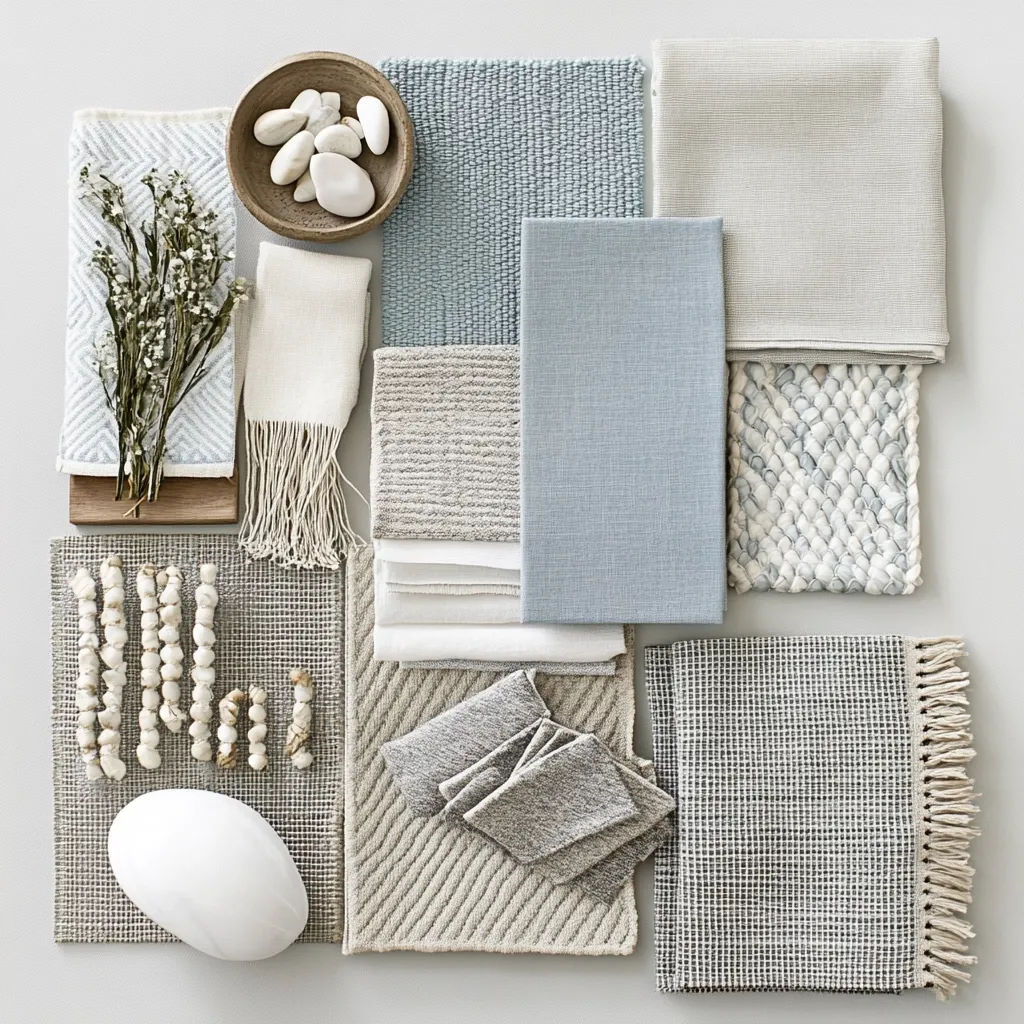 A flat lay showcasing a curated collection of textiles in calming neutral tones.  Various textures are displayed, including woven fabrics, rugs with subtle patterns, and fringed pieces.  Natural elements like smooth stones and dried flowers add a touch of organic simplicity to the arrangement. The overall aesthetic is serene and minimalist.