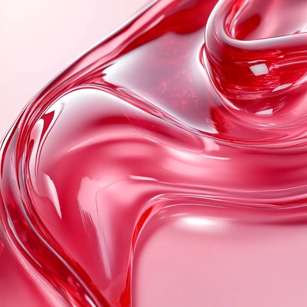 A close-up shot reveals a vibrant, translucent red substance with a glossy sheen.  Its texture is smooth and fluid, exhibiting flowing, swirling patterns. The light reflects off the surface, creating highlights and depth, emphasizing the liquid's viscosity and almost ethereal quality. The color is a rich, deep red, consistent throughout the image.