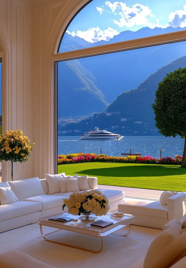 A luxurious living room boasts a stunning view through expansive arched windows.  A white sectional sofa and coffee table are elegantly arranged, centered around a vibrant floral centerpiece.  Beyond, a tranquil lake reflects the majestic mountains under a bright sky, with a yacht gently cruising on the water. Lush green lawns and vibrant flowerbeds complete the idyllic scene.