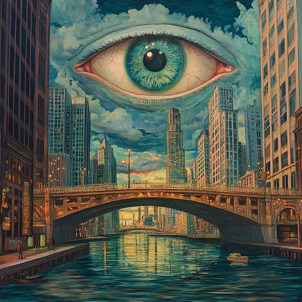 A surreal painting depicts a giant eye floating above a cityscape, possibly Chicago, viewed from beneath a bridge spanning a river.  Tall buildings line the waterway, illuminated at night. The eye's realistic detail contrasts with the dreamlike city setting, creating an unsettling yet captivating atmosphere. The overall style is painterly and evocative, suggesting a sense of surveillance or divine observation.