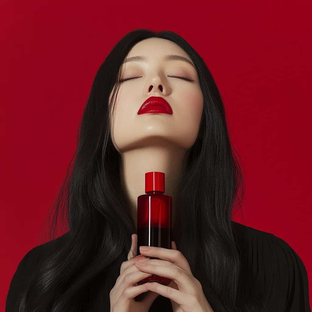 A young woman with long, black hair and bright red lipstick holds a dark red bottle against a solid red background.  Her eyes are closed, suggesting serenity or enjoyment of the product.  The image is highly stylized and focuses on the contrast between the woman's features and the bold red tones. The overall aesthetic is luxurious and evocative.