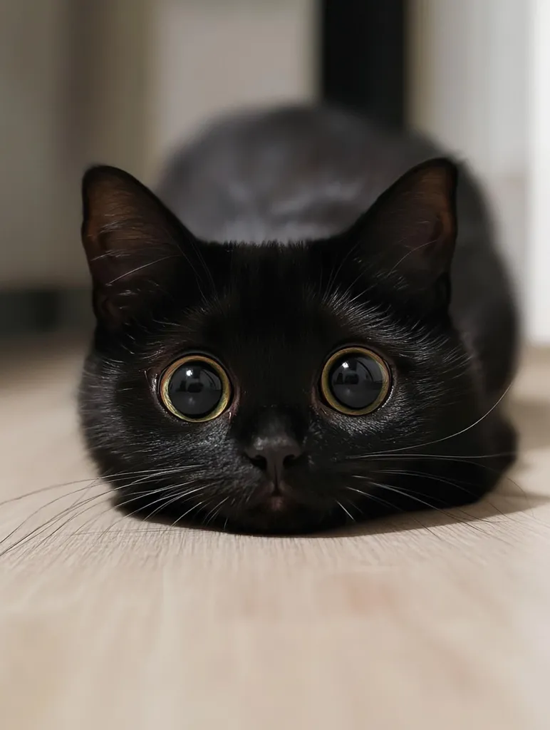 A black cat with large, expressive eyes rests its chin on a light-colored floor.  Its body is slightly arched, and its gaze is directed straight ahead.  The cat's fur appears smooth and shiny, and its whiskers extend outward.  The overall image is one of gentle curiosity and a captivating stare.