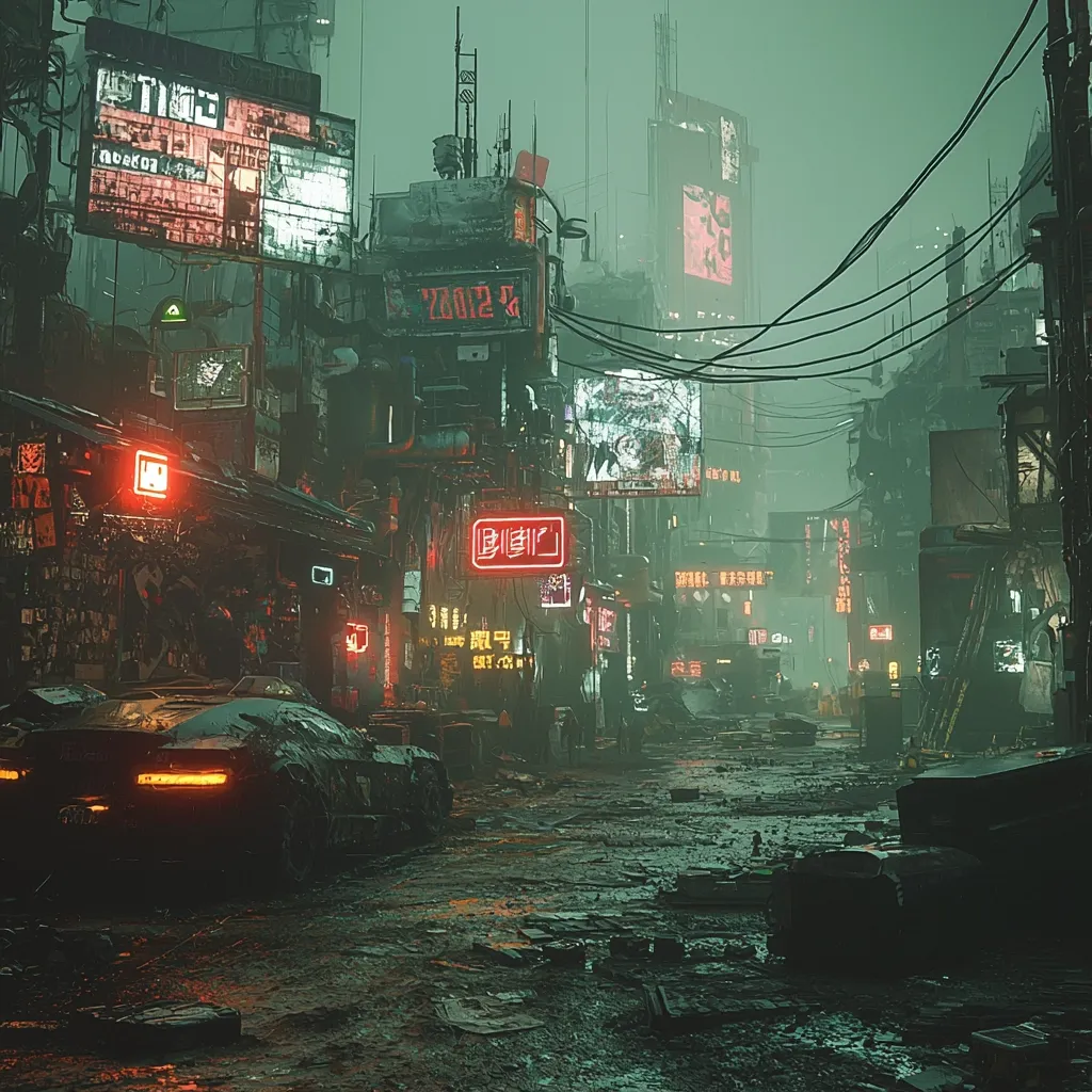 A dystopian cyberpunk street scene unfolds, shrouded in a thick, green fog.  Overgrown with wires and dilapidated buildings, neon signs in a mix of languages illuminate the grimy, waterlogged street.  A futuristic car is parked near the foreground, adding to the desolate yet technologically advanced atmosphere.  The overall mood is dark, gritty, and suggestive of a post-apocalyptic or decaying urban environment.
