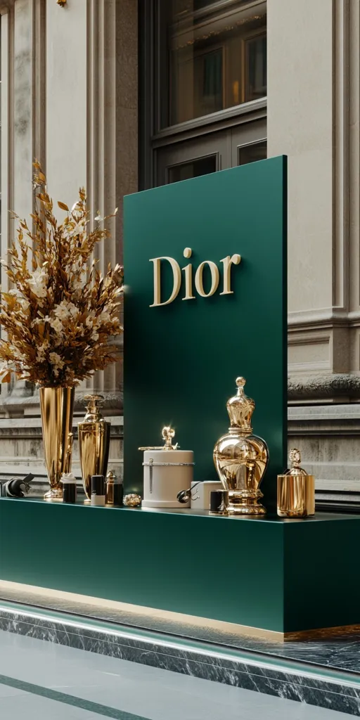 A Dior display features a dark green backdrop with the brand's logo in gold lettering.  Gold and cream-colored decorative objects, including vases, containers, and a floral arrangement, are elegantly arranged on a matching green counter. The setting appears to be a high-end retail space or boutique, emphasizing luxury and sophistication.  A marble floor is visible beneath the counter.