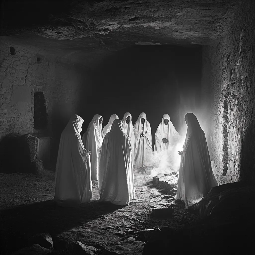 A black and white photograph depicts a group of cloaked figures gathered in a dimly lit cave.  The figures, dressed in flowing white robes, stand in a circle around a small fire or light source emitting a faint glow. The scene is mysterious and evokes a sense of ritual or secrecy within the ancient stone walls of the cavern. The overall atmosphere is somber and dramatic.
