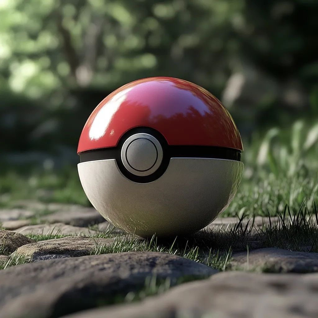 A meticulously rendered Poké Ball rests on a mossy stone path.  The vibrant red top contrasts sharply with the matte white bottom, its iconic button clearly visible.  The background is softly blurred, suggesting a serene, outdoor setting with lush greenery.  The image's focus is on the detailed texture and lighting of the Poké Ball, emphasizing its smooth surface.