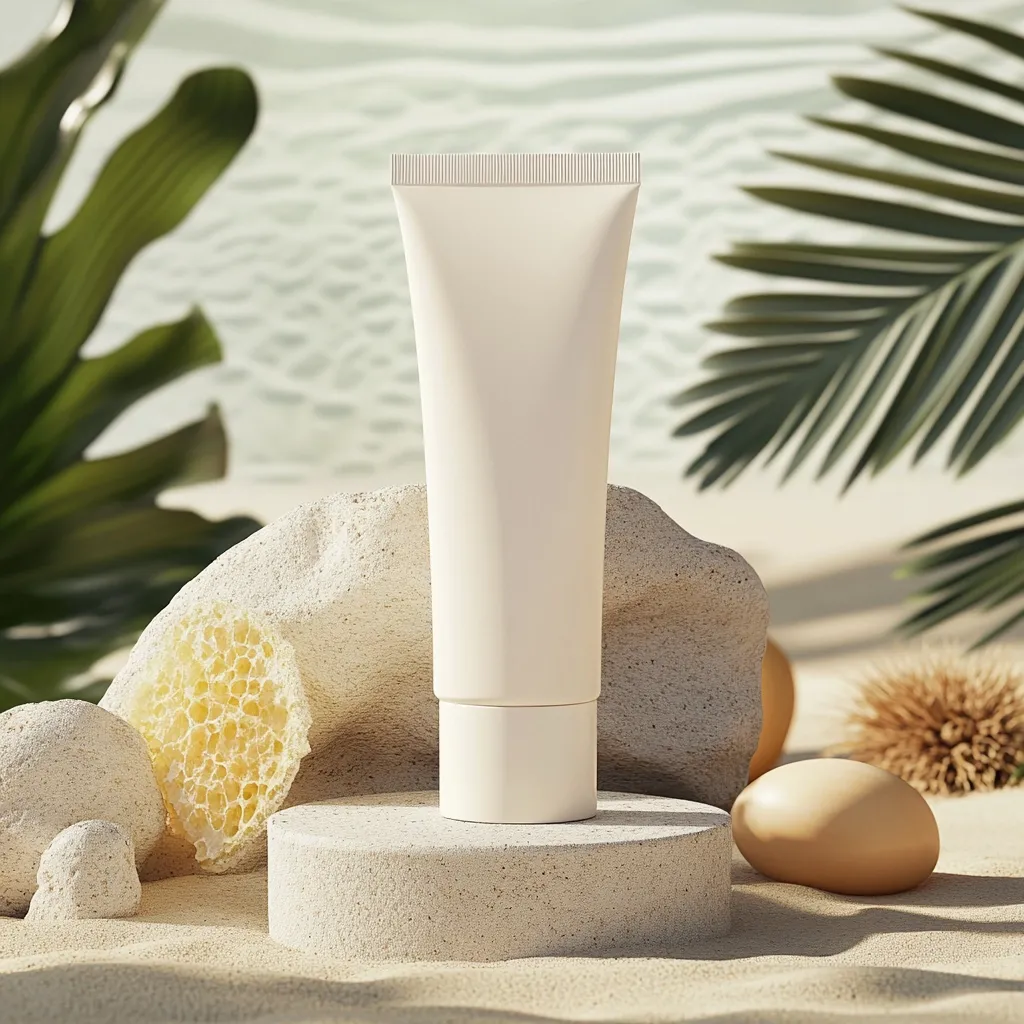 A blank white tube of cosmetic product sits on a small, light beige stone pedestal.  The scene is set on a sandy beach, with tropical foliage and decorative stones surrounding the product.  The overall aesthetic is minimalist and suggests a natural, beach-themed skincare product.  The soft lighting enhances the tranquil beach setting.
