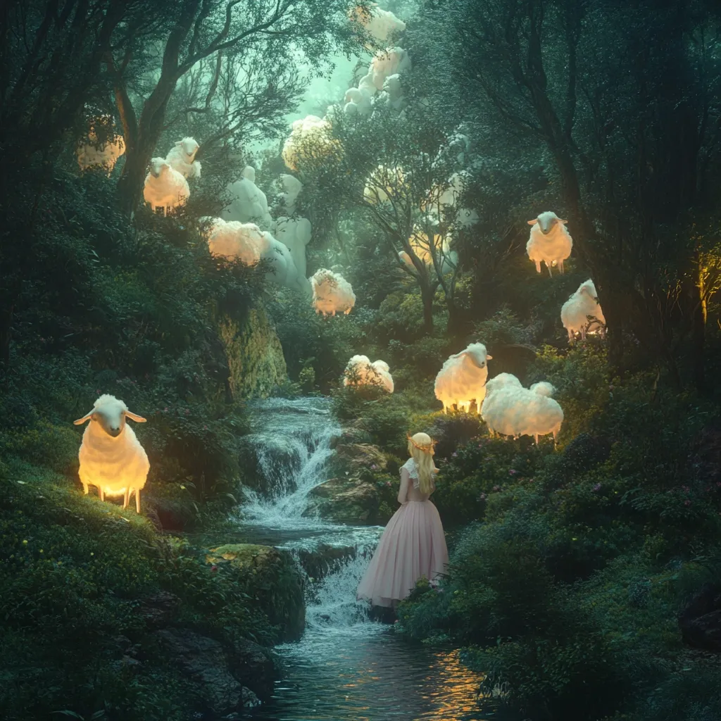 A young woman in a pink gown stands by a tranquil stream in a mystical forest.  Glowing, fluffy sheep are scattered throughout the scene, perched on rocks and nestled amongst the lush greenery. The ethereal atmosphere, bathed in soft light, evokes a sense of wonder and enchantment, suggesting a dreamlike or fairytale setting. The overall tone is serene and magical.