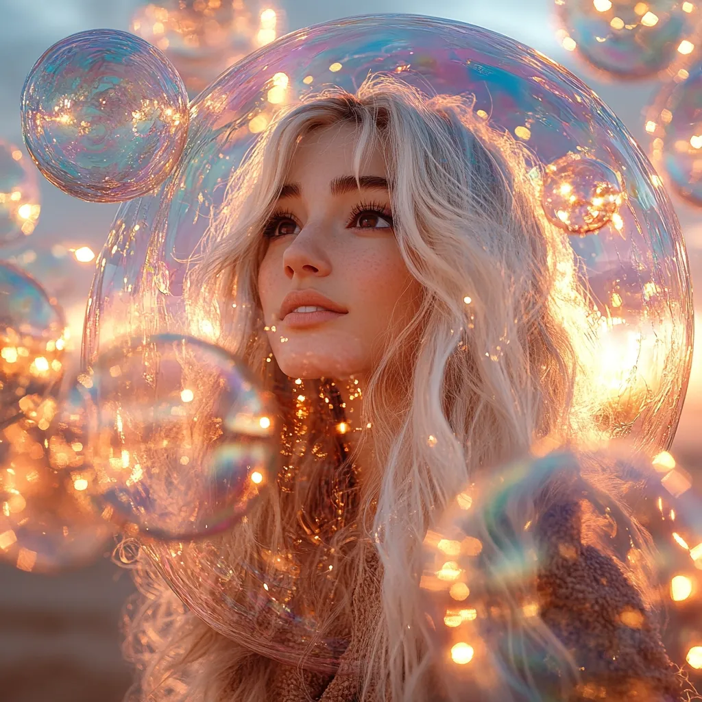 A young woman with long blonde hair is surrounded by large, iridescent soap bubbles.  Warm, golden fairy lights illuminate the scene, creating a magical, ethereal atmosphere. The bubbles reflect the lights and the setting sun, enhancing the dreamlike quality of the image.  She gazes upward, appearing serene and captivated by the enchanting spectacle.
