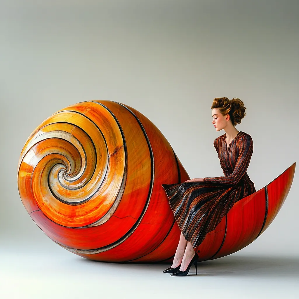 A woman in a pleated dark dress sits on a large, intricately carved wooden sculpture resembling a giant seashell. The shell is predominantly orange and red with swirling patterns, creating a striking contrast against the woman's dark attire and the neutral background.  The image conveys a sense of surreal elegance and artistic juxtaposition.