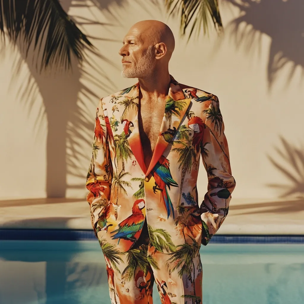 A bald, mature man with a gray beard stands by a pool, gazing towards the right. He is dressed in a vibrant, tropical-themed suit featuring parrots and palm trees against a beige backdrop. The suit is a two-piece ensemble, with a matching jacket and trousers.  The setting is sunny, with palm tree shadows cast on a light-colored wall behind him.