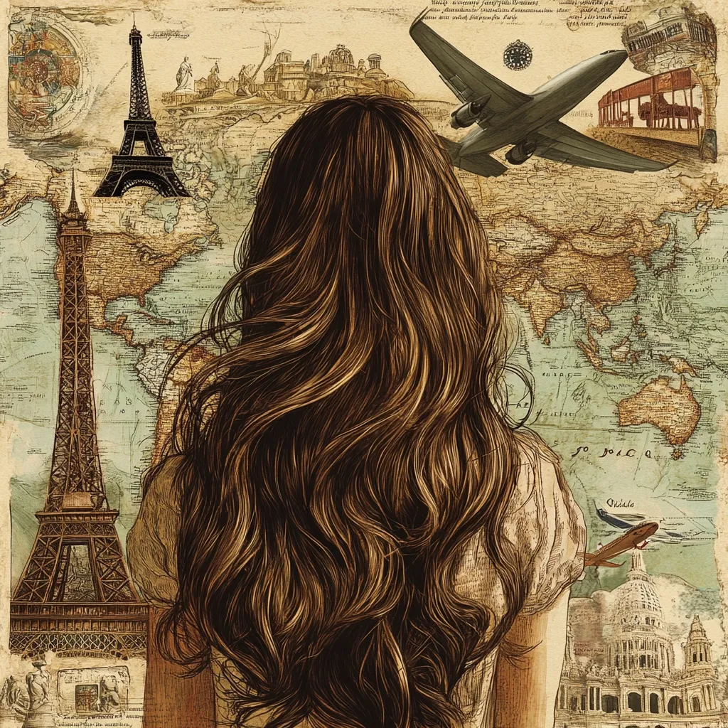 The image showcases a woman with long, brown hair, viewed from behind.  She stands before an antique world map, featuring iconic landmarks like the Eiffel Tower and airplane illustrations. The style is vintage, evoking a sense of wanderlust and travel, suggesting a dream of global exploration or a nostalgic reflection on past journeys.  The overall aesthetic is romantic and evocative.