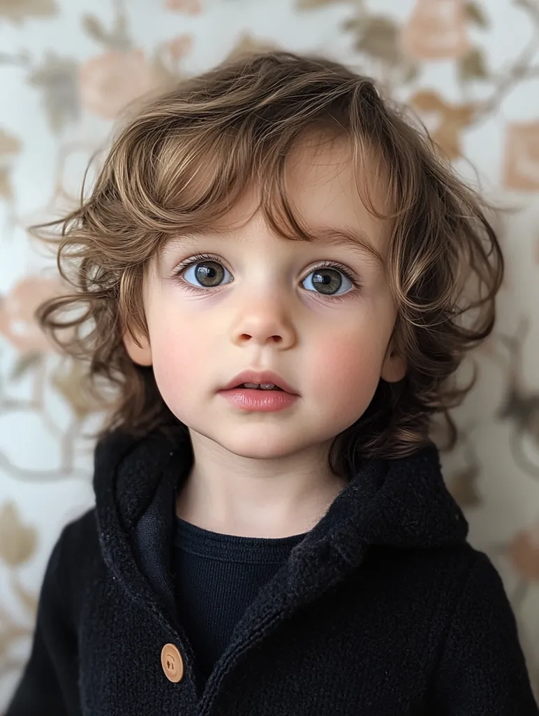 A toddler with curly brown hair stares directly at the camera.  They have large, expressive green eyes and fair skin.  The child is wearing a black hooded cardigan over a black shirt. The background is a blurred, light-colored floral pattern. The overall impression is one of innocence and sweetness.